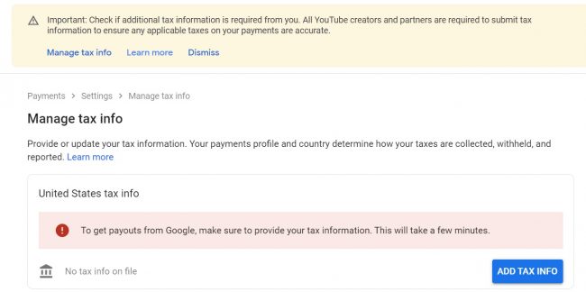 Điền thông tin thuế (tax information) Youtube