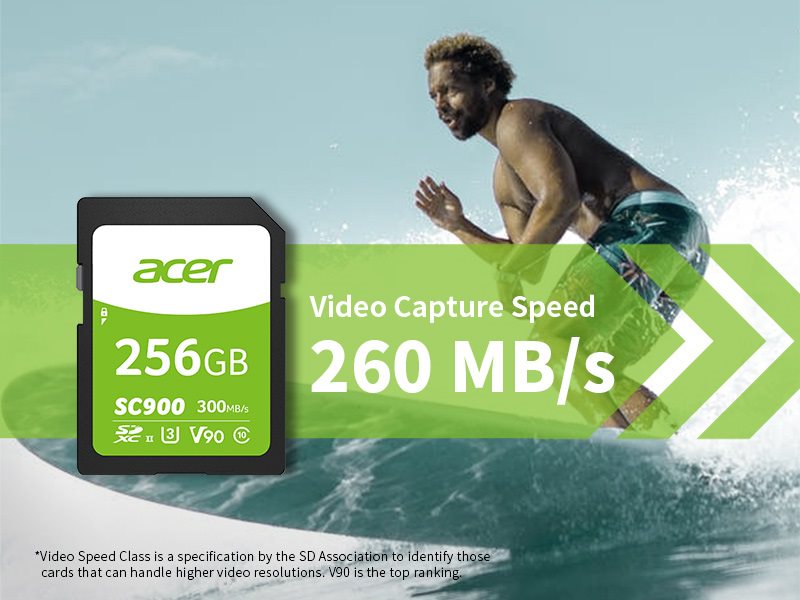 Acer SC900 SDXC UHS-II V90 video capture ѕpeed 260 MB/s 