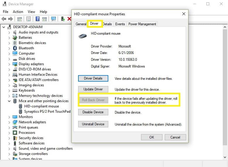roll-back-mouse-driver con trỏ chuột biến mất