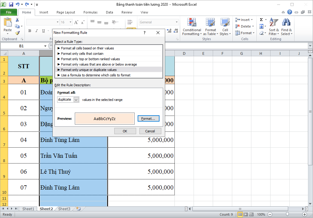 cách lọc dữ liệu trùng trong Excel
