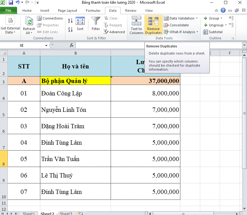 cách lọc dữ liệu trùng trong Excel