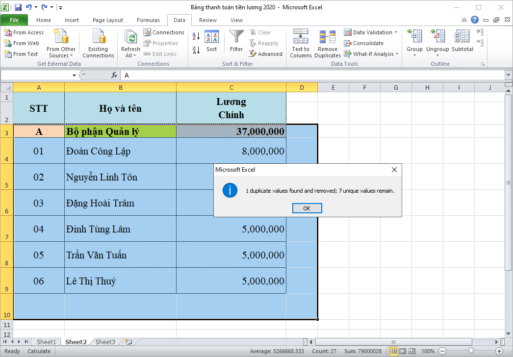 cách lọc dữ liệu trùng trong Excel