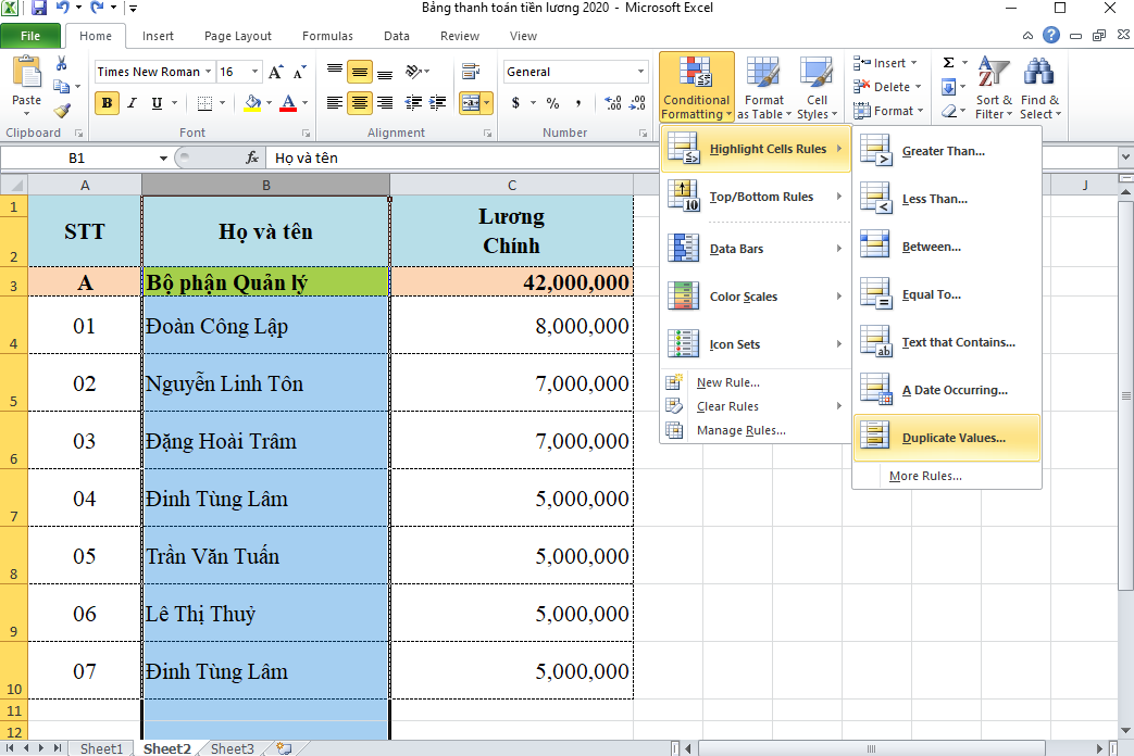 cách lọc dữ liệu trùng trong Excel