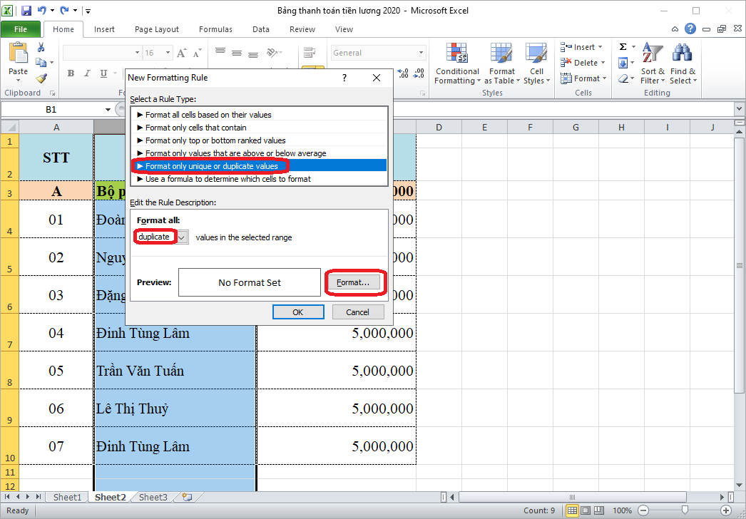 cách lọc dữ liệu trùng trong Excel