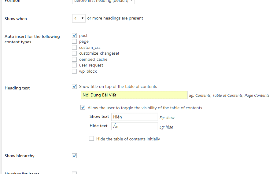 Table of contents plus: plugin tạo mục lục cho wordpress 4 tab main options